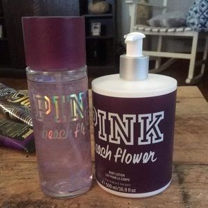 Pink body mist and lotion